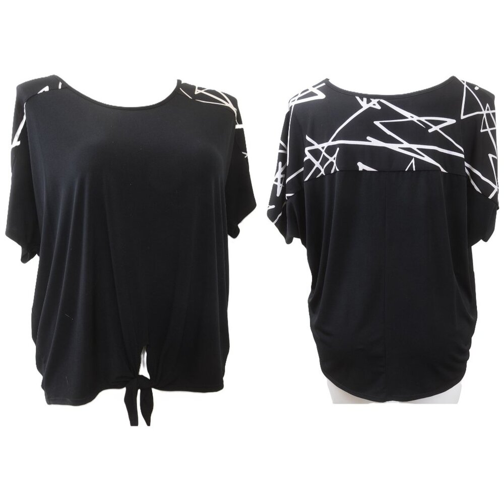 Style & Co Woman PLUS 2X Black White Geometric‎ Print Short Sleeve Top Stretchy
